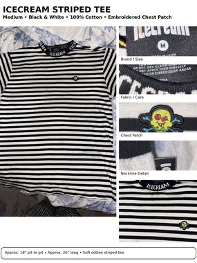 ICECREAM Black White Striped Cotton Tee Shirt Medium